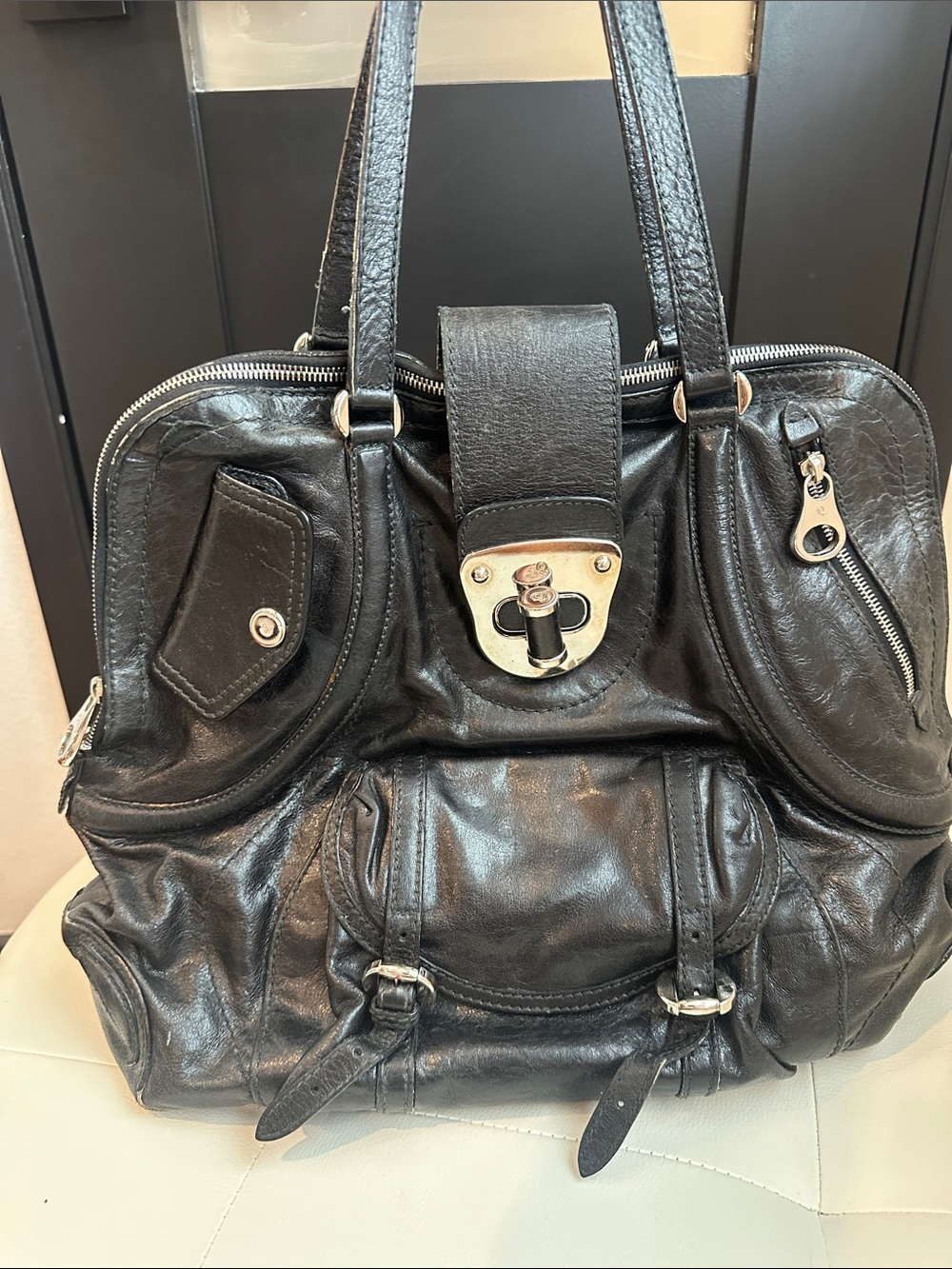 Alexander McQueen Black Distressed Leather Novak Bag Silver Hardware